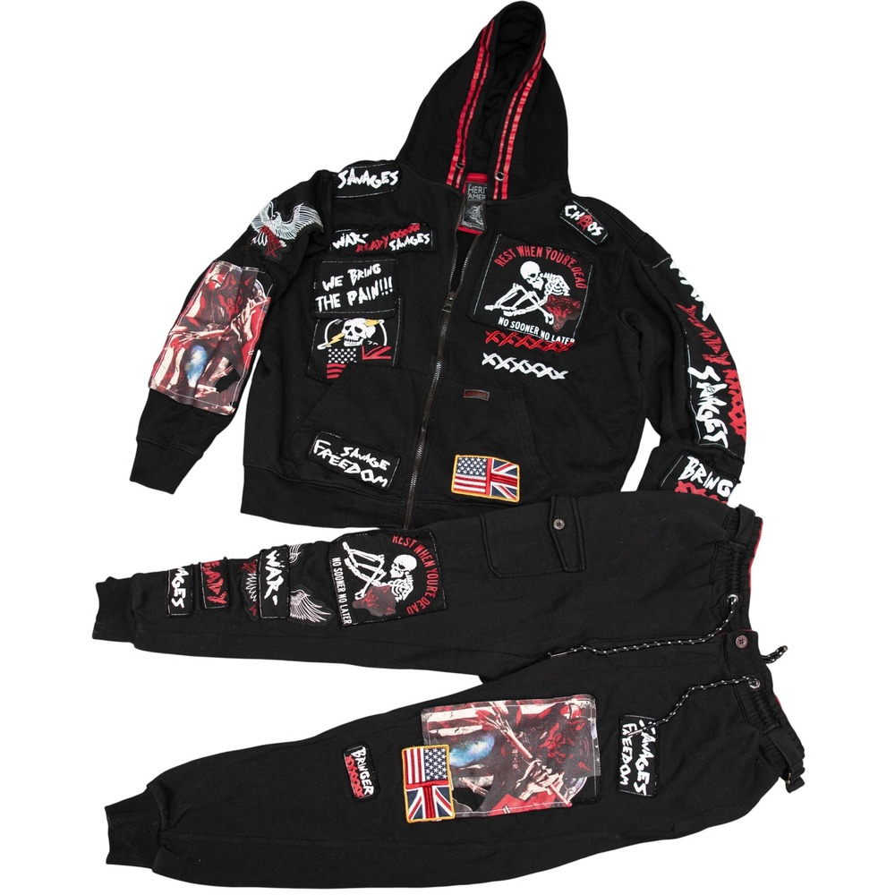 Heritage America Men L Gothic Punk Patchwork Hoodie Set‎ Edgy Urban Moto Hip Hop